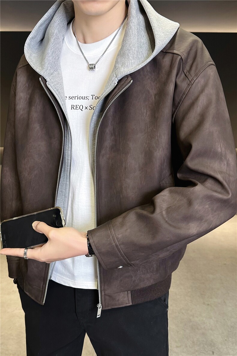 假两件连帽男装皮衣外套春季夹克C317-1188-P185,男装夹克,电商C317