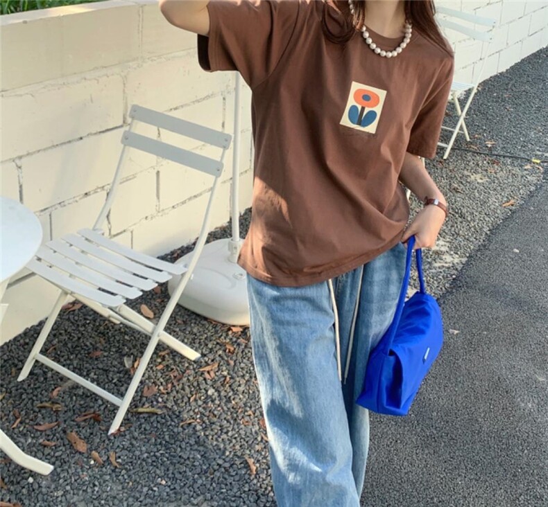 夏季印花植绒T恤，女装T恤，简蔻