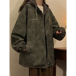中性连帽PU皮假两件复古做旧面料金属装饰夹克男JK77767P108控148图片