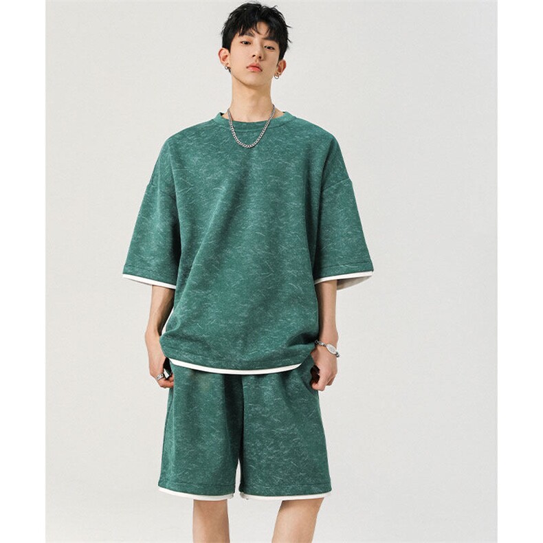 TZ775-特P50控88新款撞色拼接假2件套装短袖短裤T恤大码百搭，男装休闲套装，电商A059