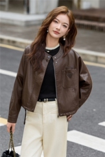 2025秋季女装新款大量现货时尚立领短款皮衣外套，女装皮衣，缘衣格