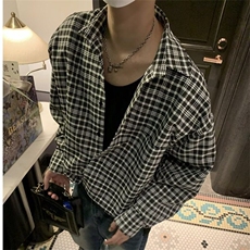 C129百搭青少年格纹长袖衬衫慵懒风宽松休闲超阔版型男女同款上衣，男装衬衫，星座308A-1（原309B-1）