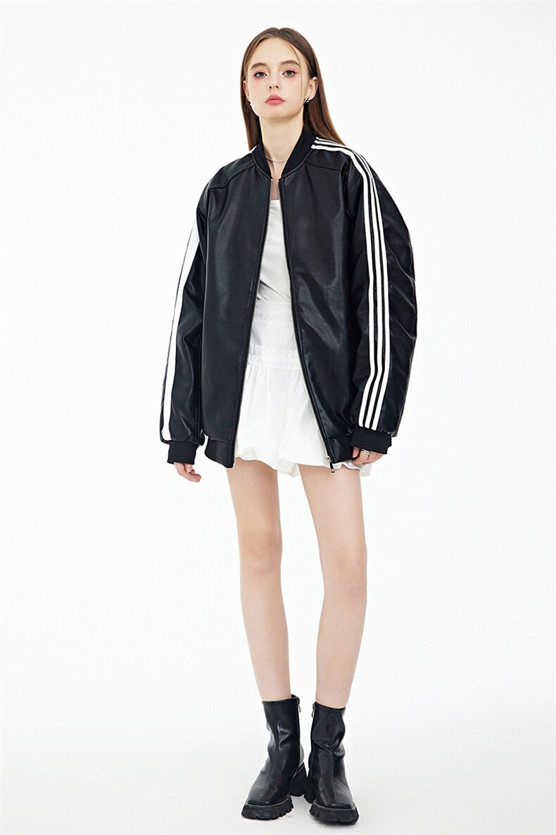 现货三条杠袖子PU皮棒球服外套秋冬棉服,男装棉衣,电商A105