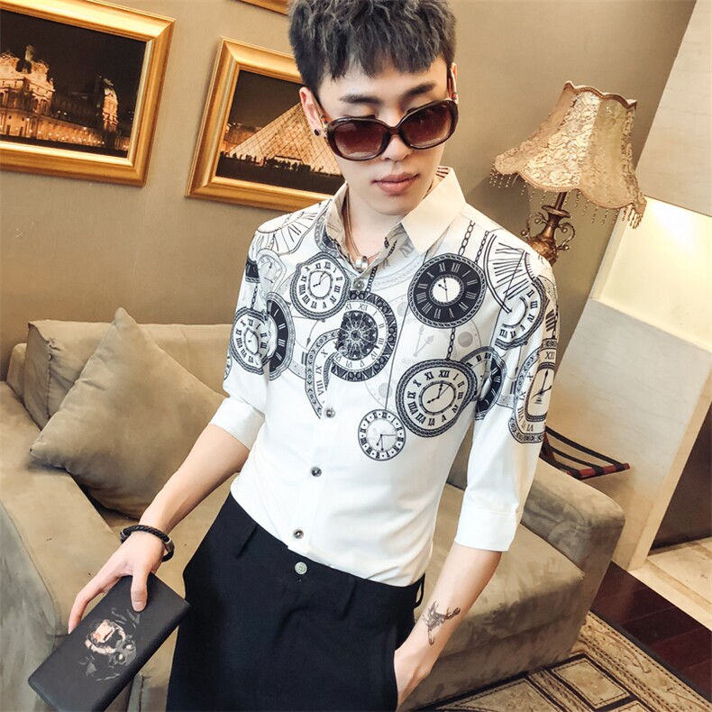 2021新款男士印花衬衫休闲修身中袖夜店衬衣社会风工作服D448,男装衬衫,星座419（原A233）