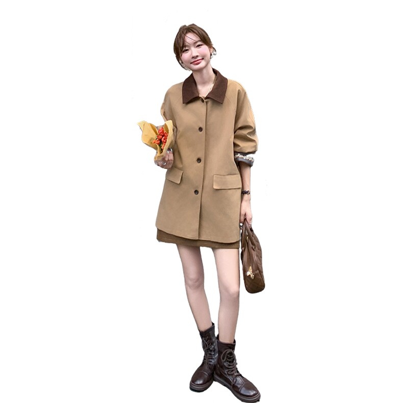 卡其色拼接撞色风衣外套女2024春秋新款小个子休闲宽松设计感大衣，女装风衣，2C135