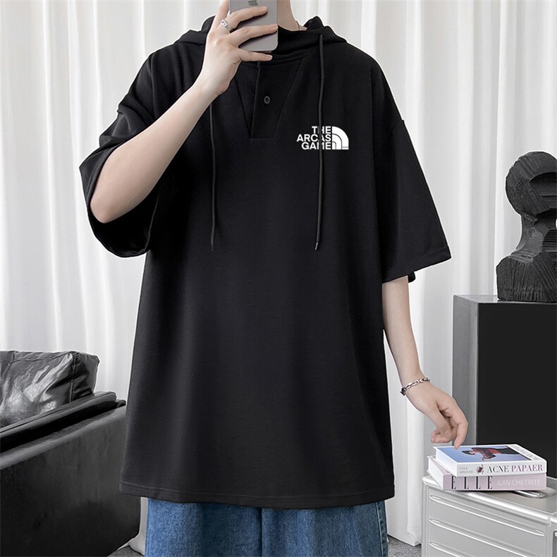 LD54232-P45 连帽短袖t恤男大码胖子带帽五分袖中袖图片
