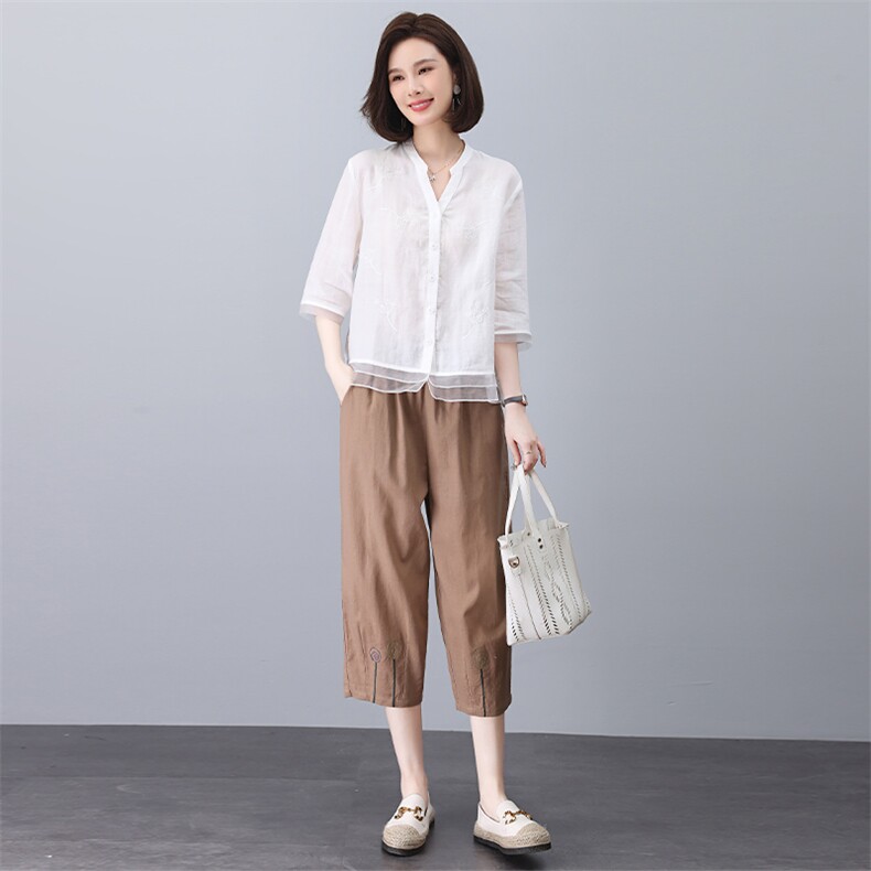 妈妈夏装纯苎麻衬衫女七分袖2024新款中年夏季时尚洋气小衫上衣,女装大码女装,奕阳依阁