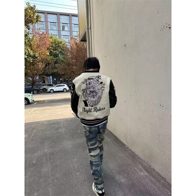 网图有货 美式街头拼色骷髅骑手刺绣棒球服外套男女 A878-P85图片
