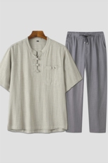 主推风男装亚麻短袖唐装男套装夏季中老年人中式棉麻爸爸夏装，男装民族服装，电商B212（原钱塘6029）