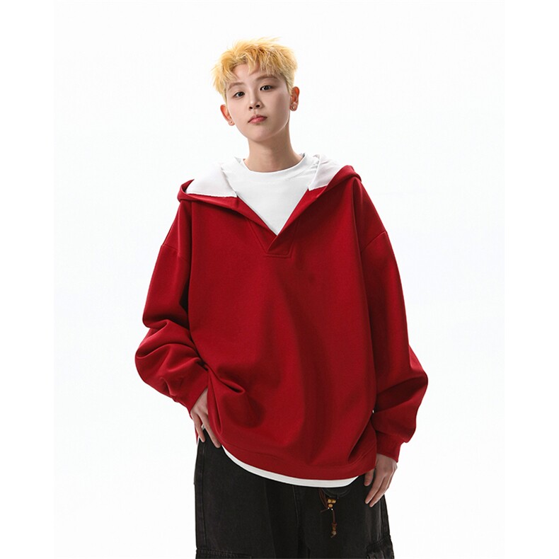 8XL-M叠穿假两件卫衣重磅连帽V领拼接套头衫宽松大码外套WY006P65,男装卫衣,电商B312