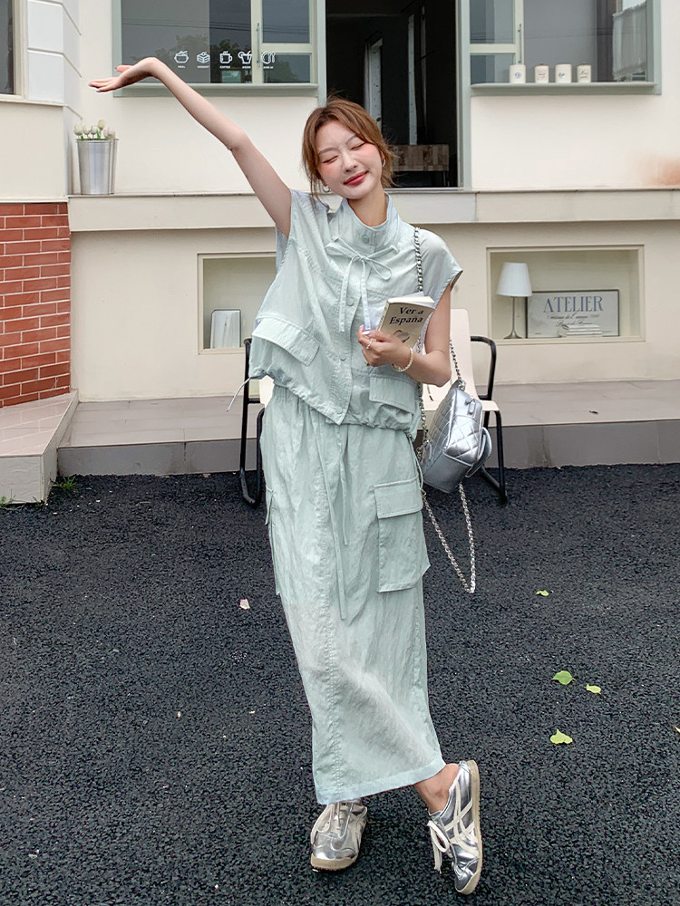 现货巴恩风设计感马甲+高腰半身裙套装ZB285-1926-P165-K248，女装运动套装，浙宝285（原212）