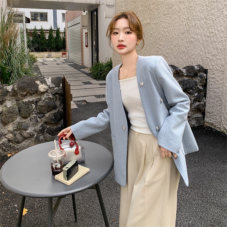 小香风亮片蓝色西装外套女春秋2025新款小个子高级感西服百搭超火,女装西装,2C169