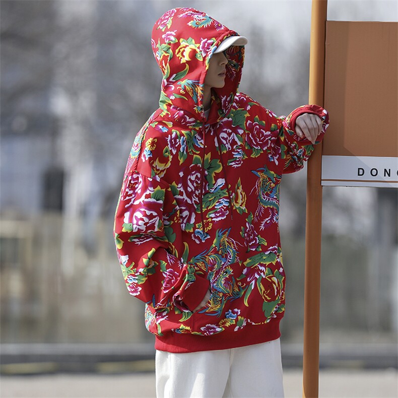 W204秋新款男女团队服大花连帽卫衣外套潮民族特色花卫衣情侣装,男装卫衣,星座115A(原星座507）