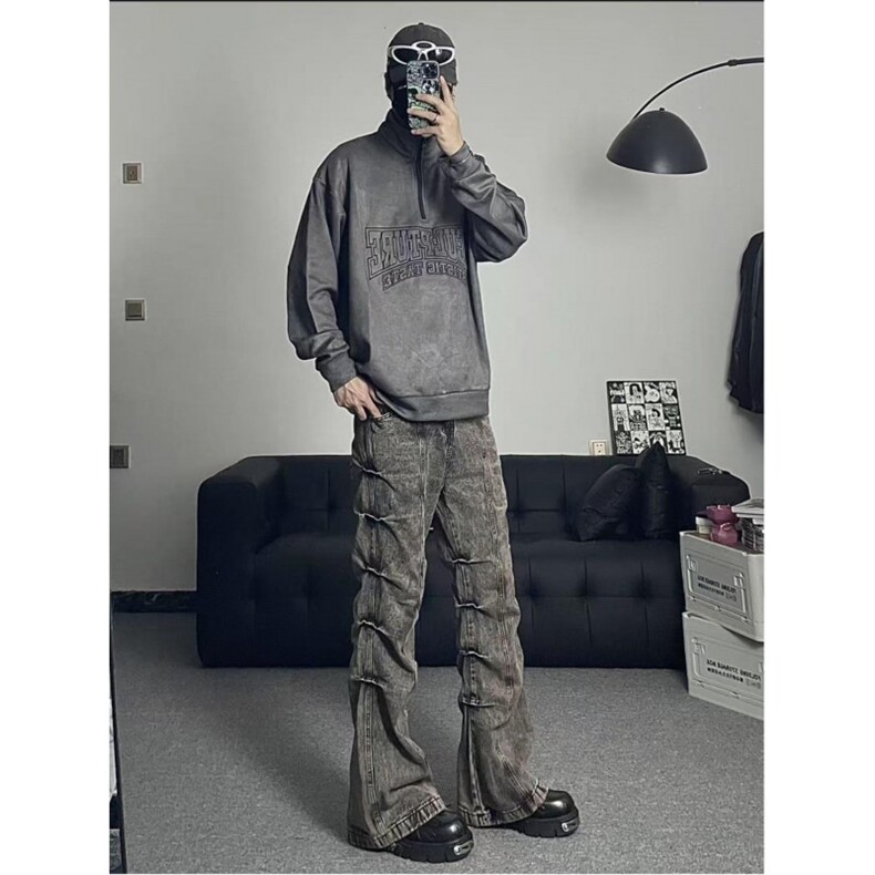 美式复古褶皱牛仔裤男秋冬潮牌高街vibe水洗做旧街头直筒微喇裤子，男装休闲裤，电商A061