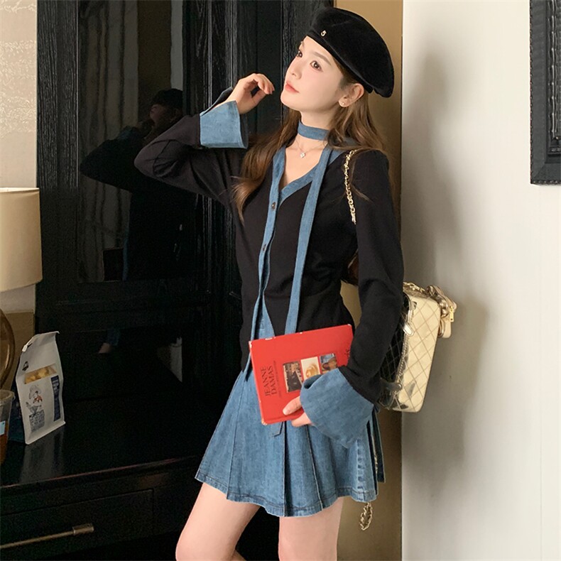 甜美牛仔拼接百褶短裙套装女春秋小个子两件套超火爆款高级感减龄,女装套装/套裙,浙宝276（原081）