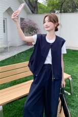 休闲马甲女夏季新款小香风减龄阔腿裤T恤三件套，女装套装/套裙，秀美人生