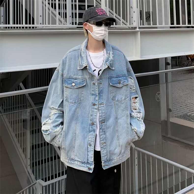 牛仔外套男秋季宽松高级感痞帅欧美休闲春秋款破洞夹克JK8829,男装夹克,星座1116A-1（原606A）