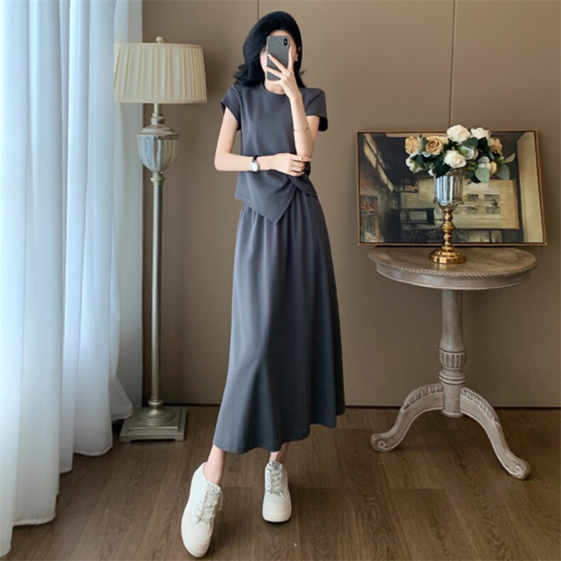 设计感时尚休闲套装女夏季新款修身显瘦圆领开叉上衣半身裙两件套,女装套装/套裙,江南