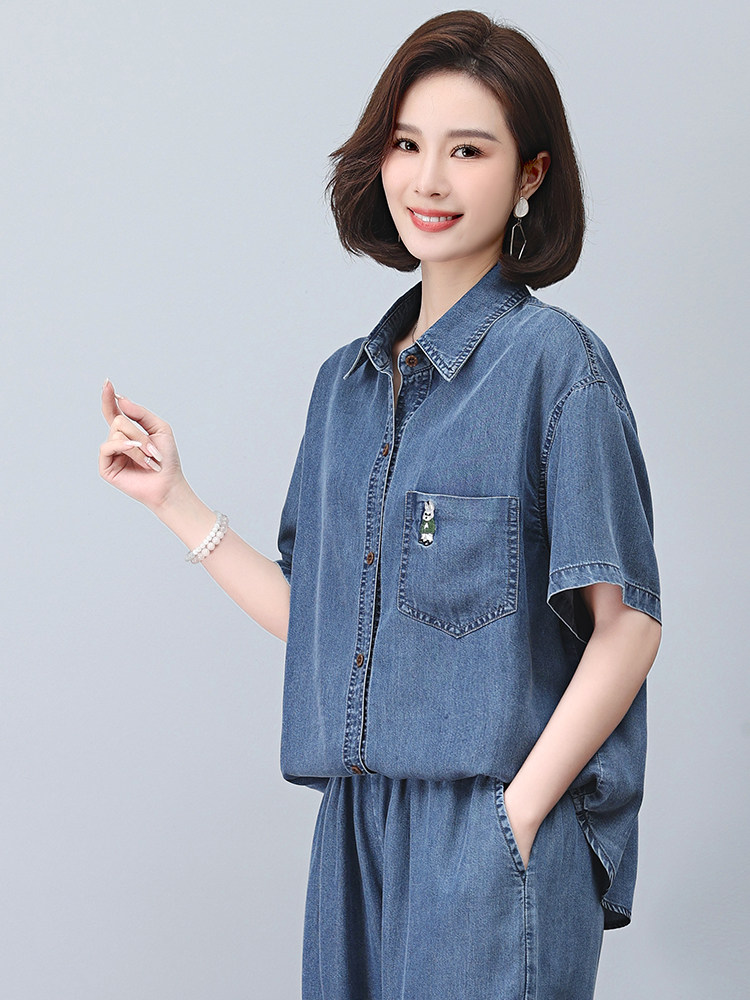 时尚宽松牛仔短袖衬衫女夏季新款百搭显瘦休闲上衣,女装衬衫,悦见她