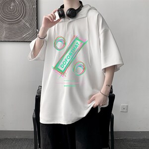 LD54171-P45 连帽短袖t恤男大码胖子带帽五分袖中袖 大皂风图片