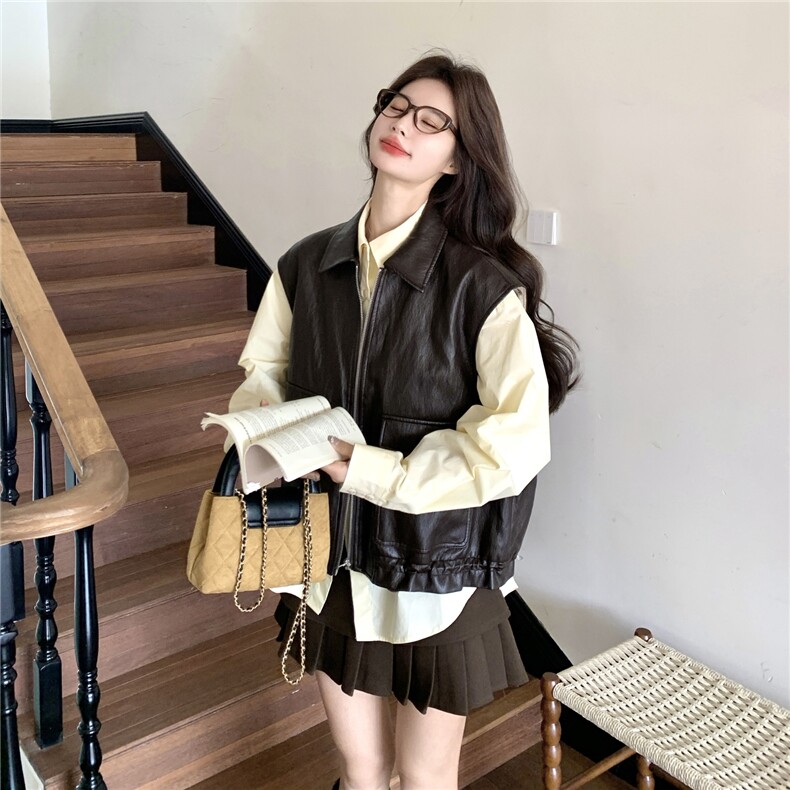 复古风咖色皮衣马甲衬衫套装女2026春新款减龄高级感小个子两件套,女装套装/套裙,艾米莉亚
