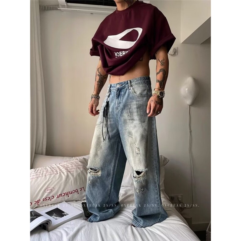 1506/Q22440/P52高街美式复古水洗做旧脏染破洞牛仔裤男裤子,男装牛仔裤,星座1506