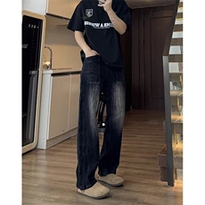 黑色美式复古闪电纹牛仔裤男女款cleanfit直筒裤子修身显瘦微喇裤，男装牛仔裤，星座506A