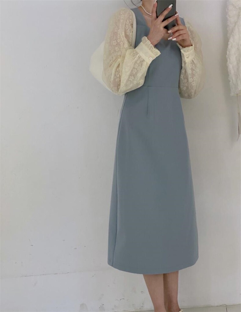 拼纱连衣裙，女装连衣裙，驿谷