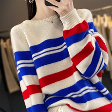 羊范24秋冬羊毛衫女加厚撞色条纹毛衣圆领韩版宽松针织长袖，女装羊毛衫，朝辰羊绒