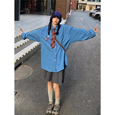 7023-P40慵懒潮流复古港风领带衬衫男女潮牌字母刺绣休闲宽松，男装衬衫，电商B323A