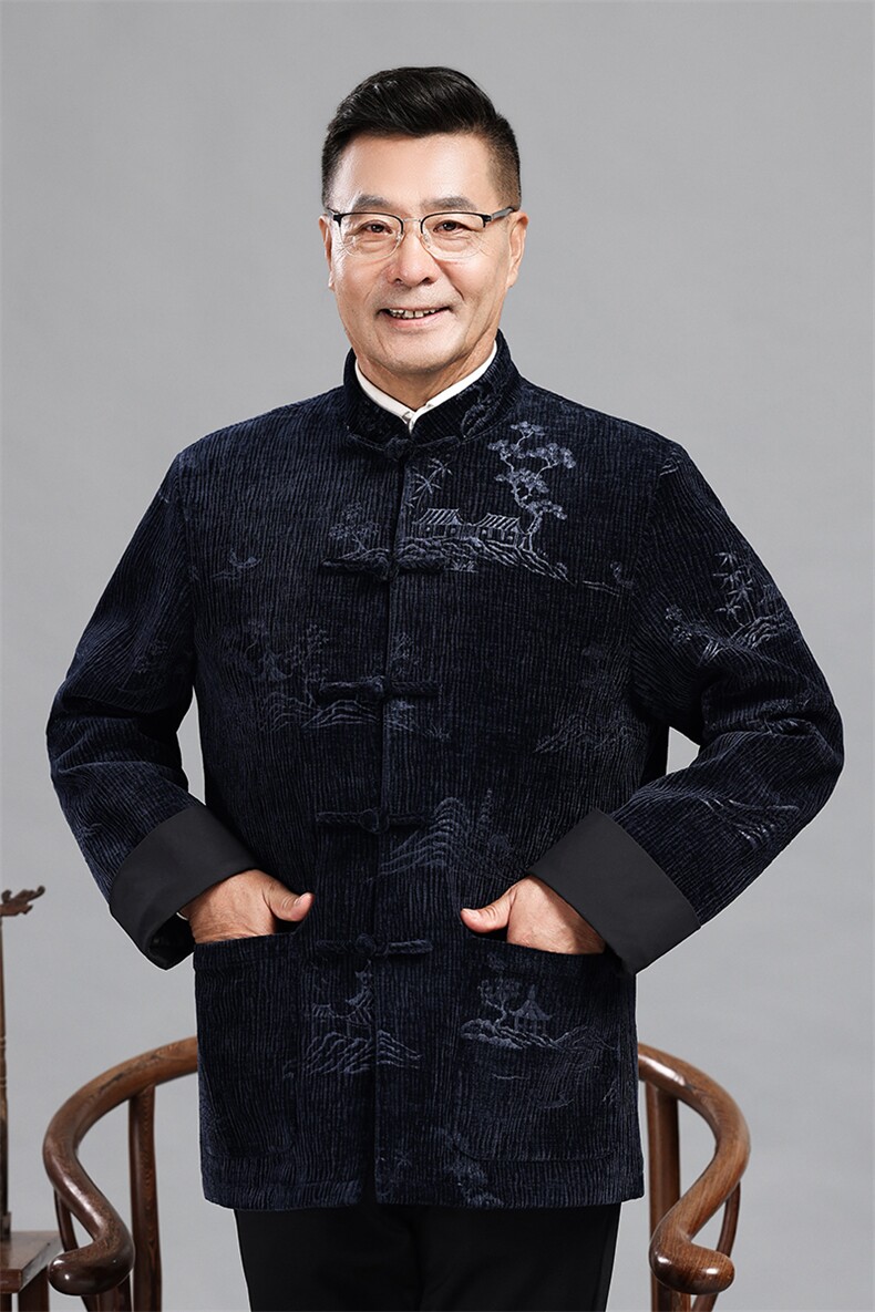 长期货中老年唐装棉衣男风灯芯绒爸爸装中式盘扣套装爷爷棉袄,男装棉衣,钱塘723