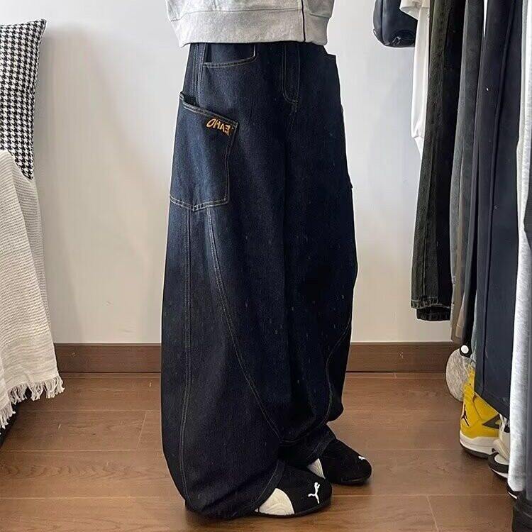 美式复古拼接大口袋工装牛仔裤设计感宽松阔腿弯刀裤LN10277-P60,男装牛仔裤,星座1008
