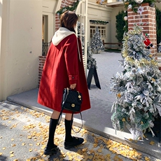 红色针织连帽毛呢羽绒服女冬超火好看高级感保暖加厚中长大衣外套，女装羽绒服，2C010