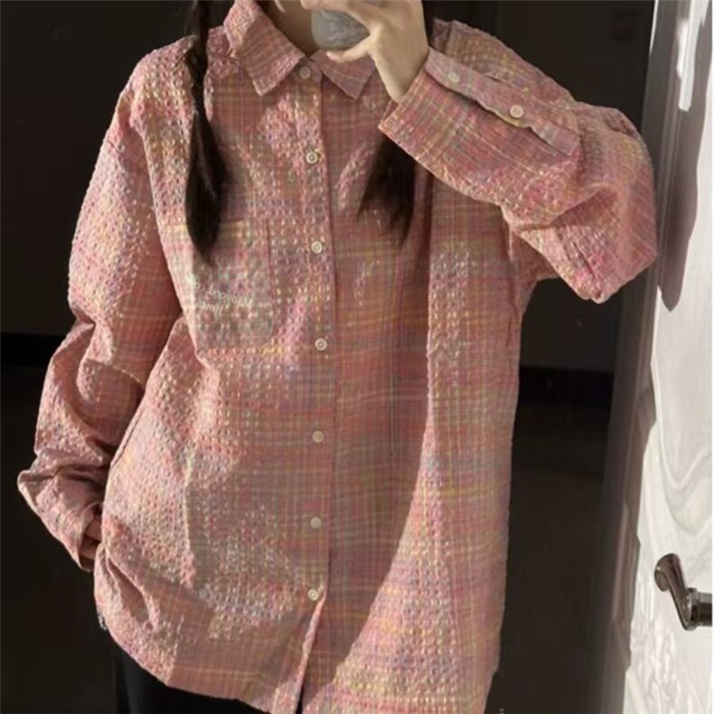 TC623-P45复古粉色格纹少女感衬衫休闲韩系chic港味上衣外套,女装衬衫,星座617A-2
