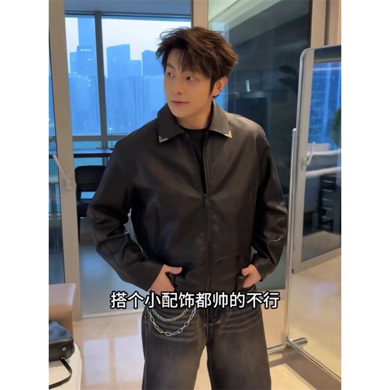 2025美式复古皮衣外套男棕色男生皮夹春秋季男装皮夹克男款,男装夹克,星座506A