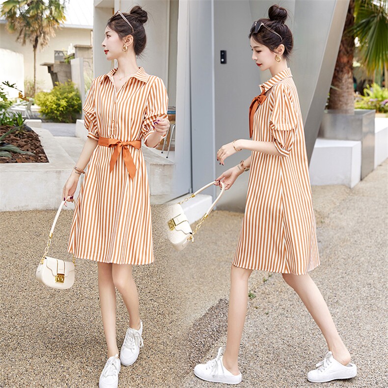 条纹连衣裙女夏2023新款设计感小众气质小个子减龄收腰显瘦衬衫裙，女装连衣裙，布芭啦
