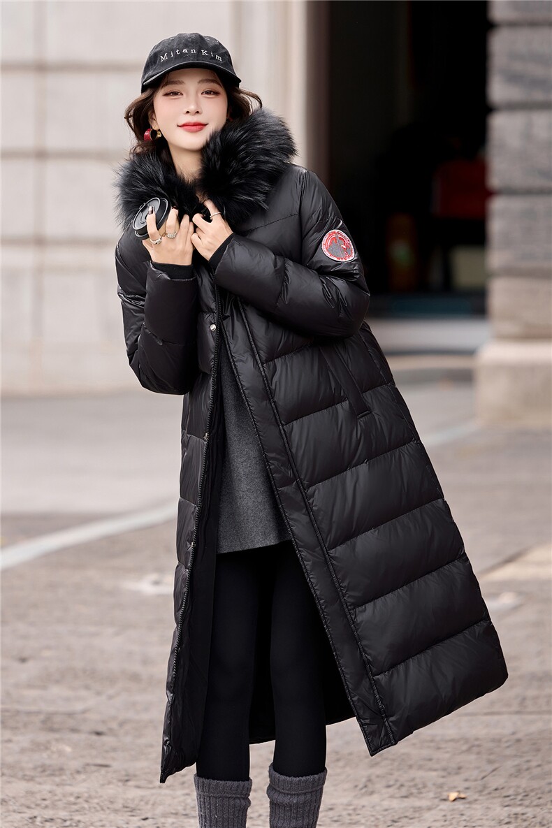 加厚超长过膝狐狸毛领连帽宽松亮面免洗保暖排骨羽绒服女,女装羽绒服,依多米