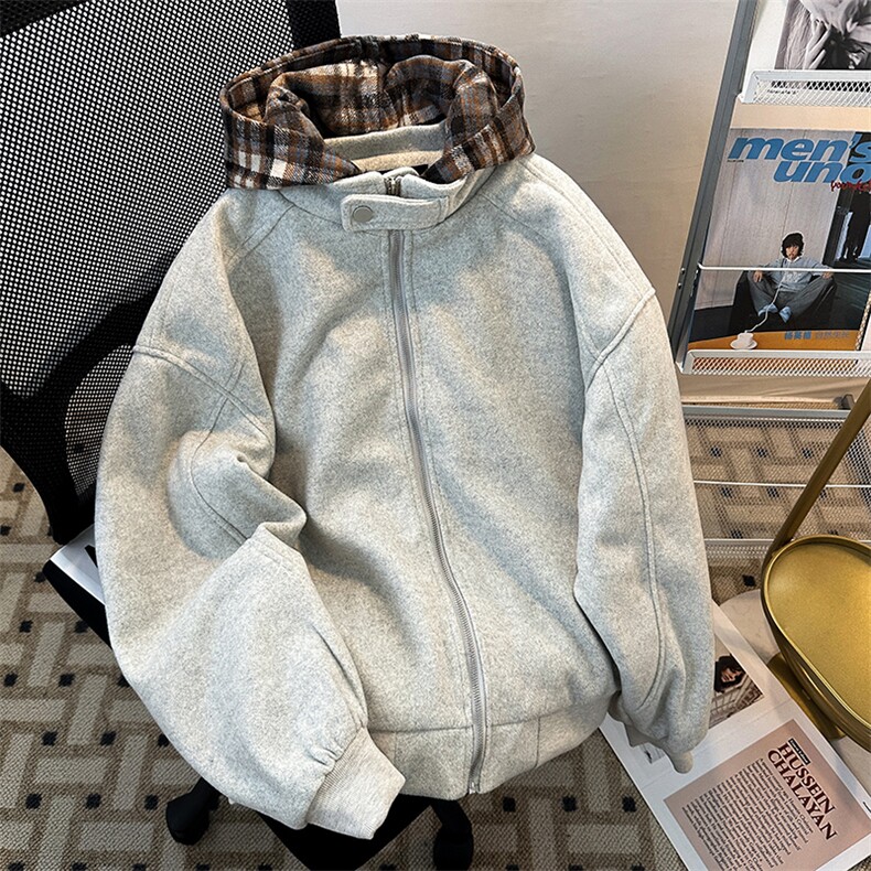秋冬假两件格子连帽男女拉链上衣加厚夹棉外套JK08562-P93可拆帽图片