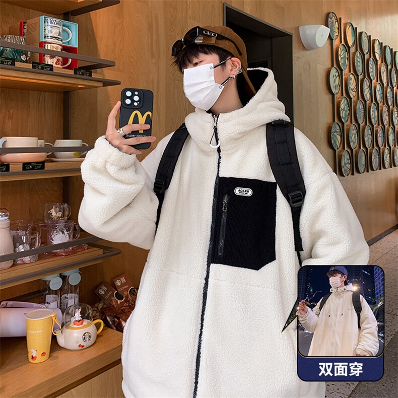 冬季新款羊羔绒加厚棉衣双面穿港风宽松连帽时尚百搭MY9300P110,男装棉衣,电商A128