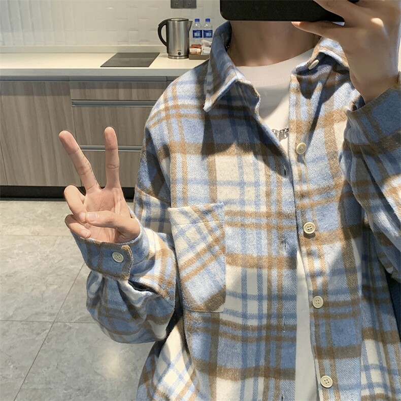 高品质秋款男长袖衬衫毛呢条纹格子拼色纯棉外套CS82P40,男装衬衫,星座1013-1