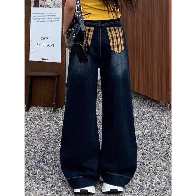 美式复古格子拼接绑带牛仔裤女夏季2025新款宽松直筒阔腿裤子,男装牛仔裤,星座1210-1