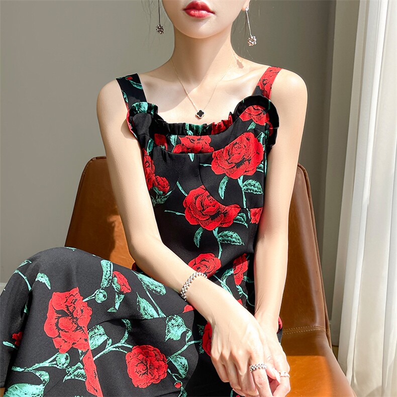 无袖吊带2025年夏季收腰休闲风单件中长款木耳边宽肩裙,女装连衣裙,佳绒高端店