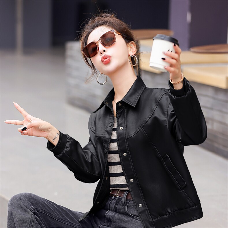 2025年春秋季PU皮时尚休闲宽松短外套，女装皮衣，魅家