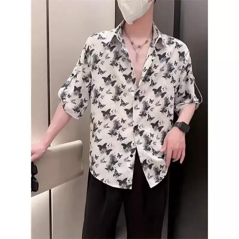 冰丝衬衫短袖男夏季潮牌痞帅扎染衬衣男款2025新款男士夏装半截袖,男装T恤,星座410-7