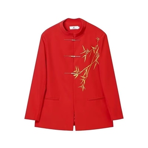竹刺绣订婚礼西服风本命红新中式西装外套大码S-5XL JK0028 P60图片