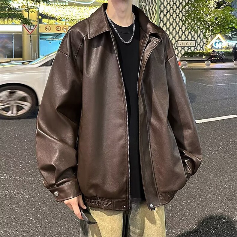 美拉德棕色皮衣外套机车服翻领复古宽松PU夹克上衣Y1023-P68网图图片