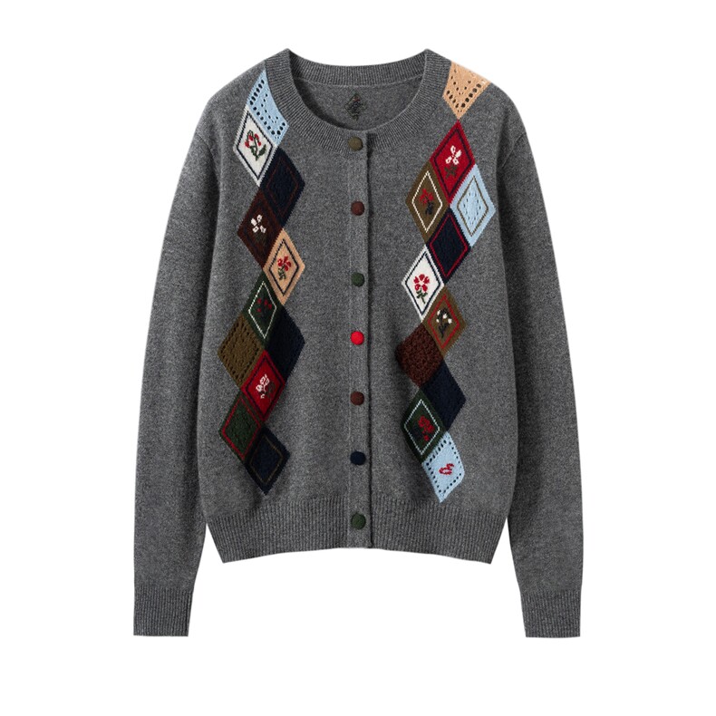 2025年秋季时尚百搭休闲重工嵌花菱形格，女装羊绒衫，万品羊绒