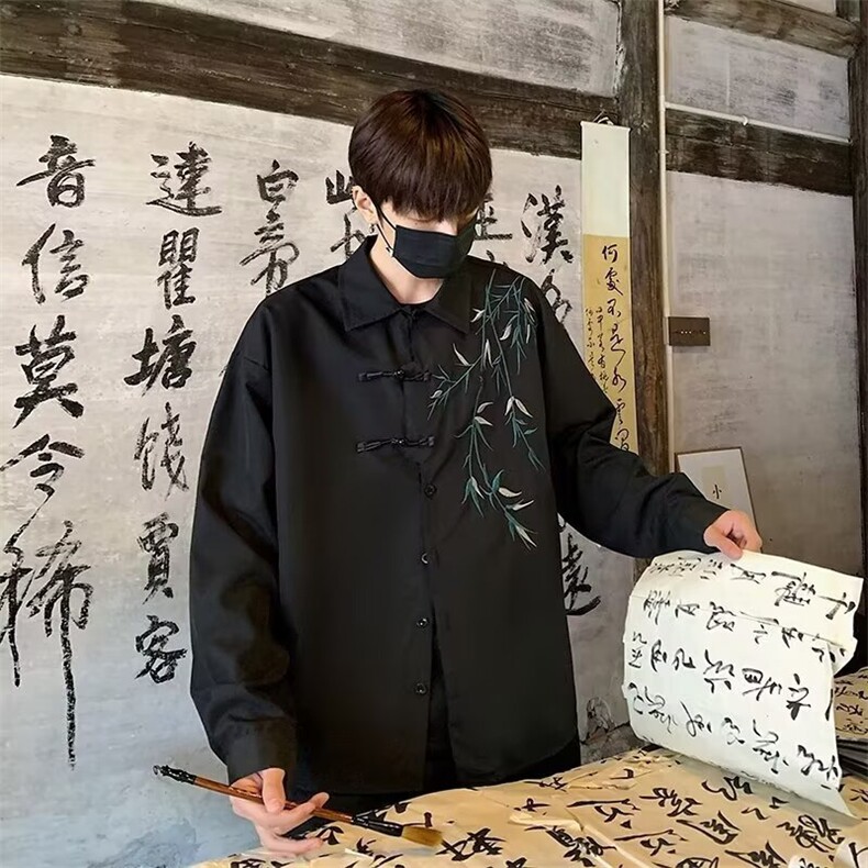 白色刺绣风衬衫男长袖春季痞帅高级感设计衬衣新中式寸衫外套,男装衬衫,星座1210-1