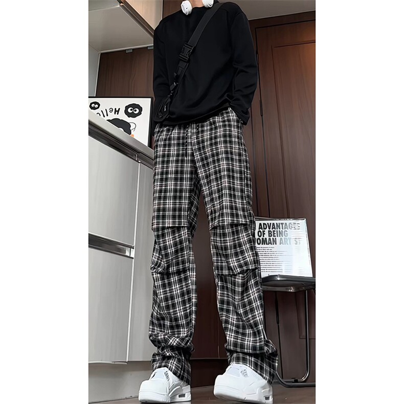 K5055/P40秋装新款美式复古红色格子裤男褶皱直筒裤休闲裤长裤图片