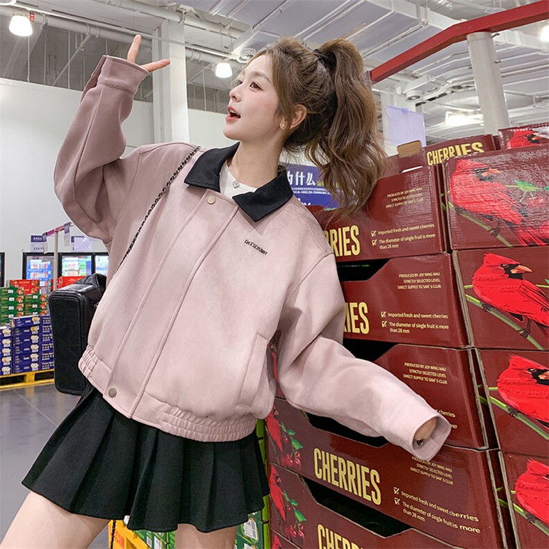 2025秋季美式复古风粉色设计感外套女甜美超好看撞色翻领短款夹克,女装短外套,2C176